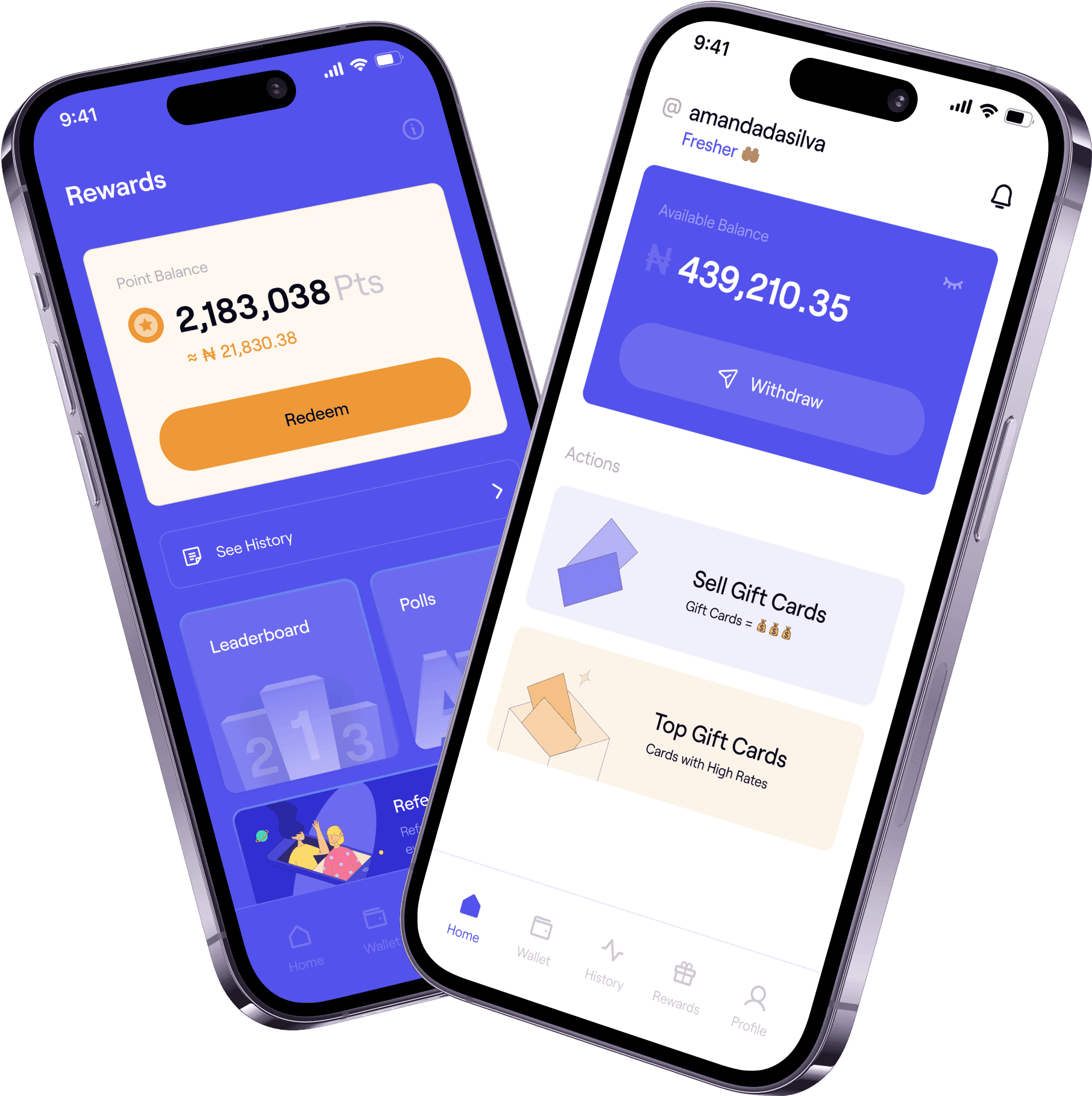 Giftcardstonaira mobile app screens for rewards and wallet