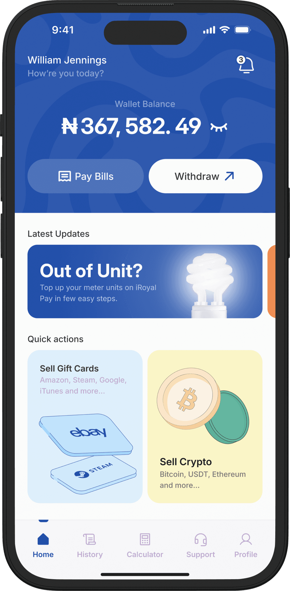 iRoyalpay mobile wallet and gift card trading screens