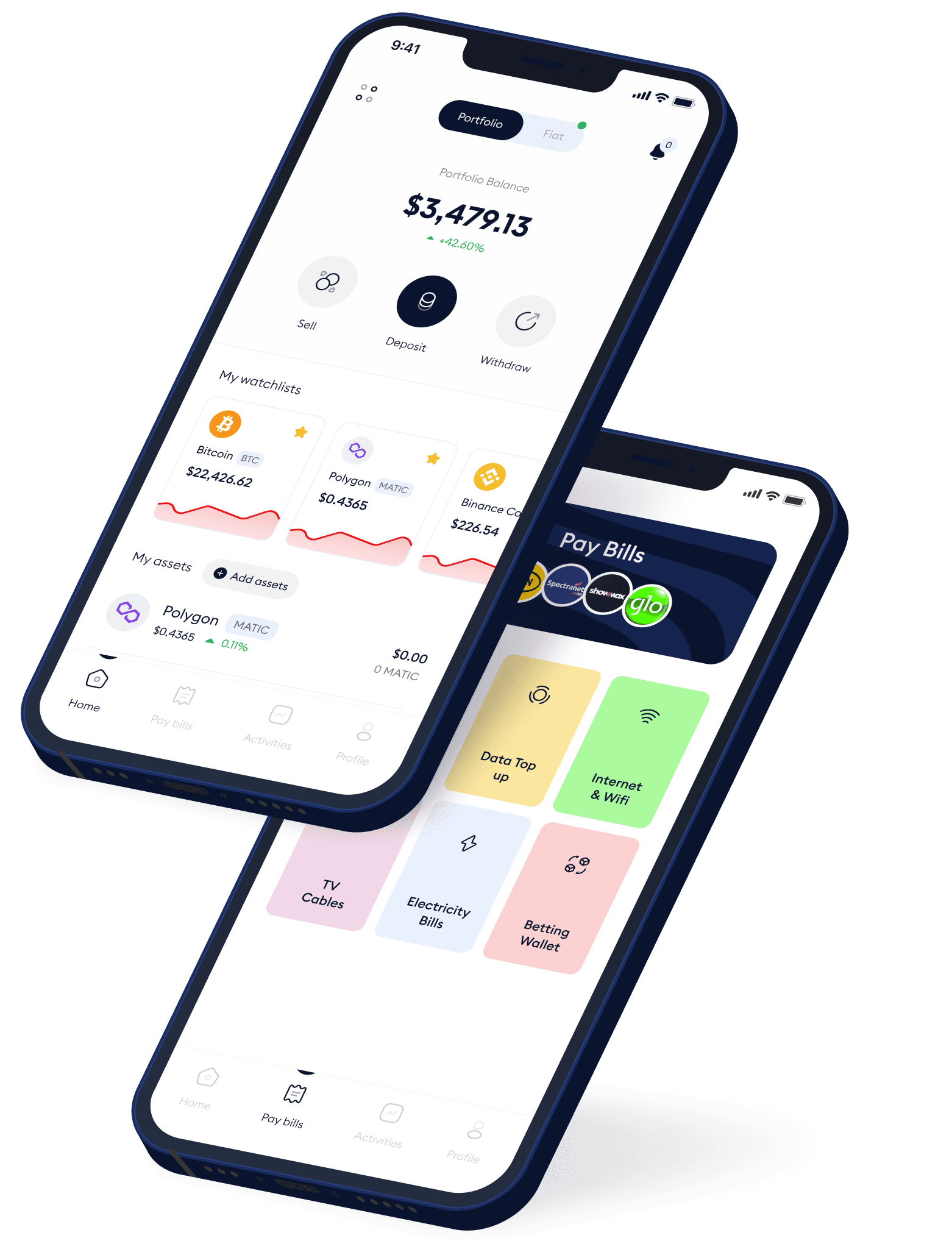 K-Wallet app screens for portfolio and bill payments