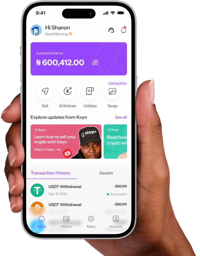 Koyn crypto wallet app held on a smartphone