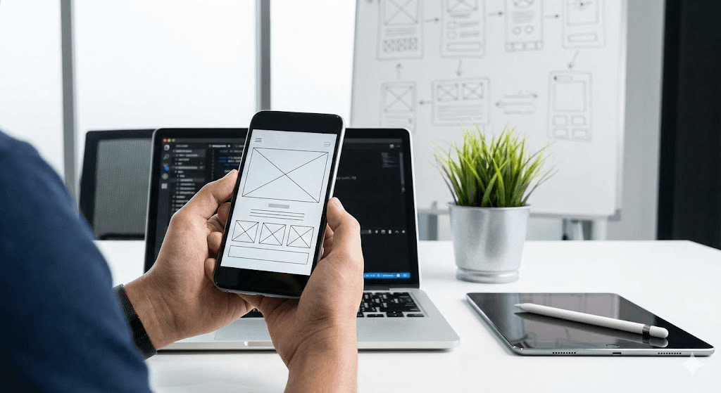 Product designer reviewing a mobile app wireframe on a smartphone