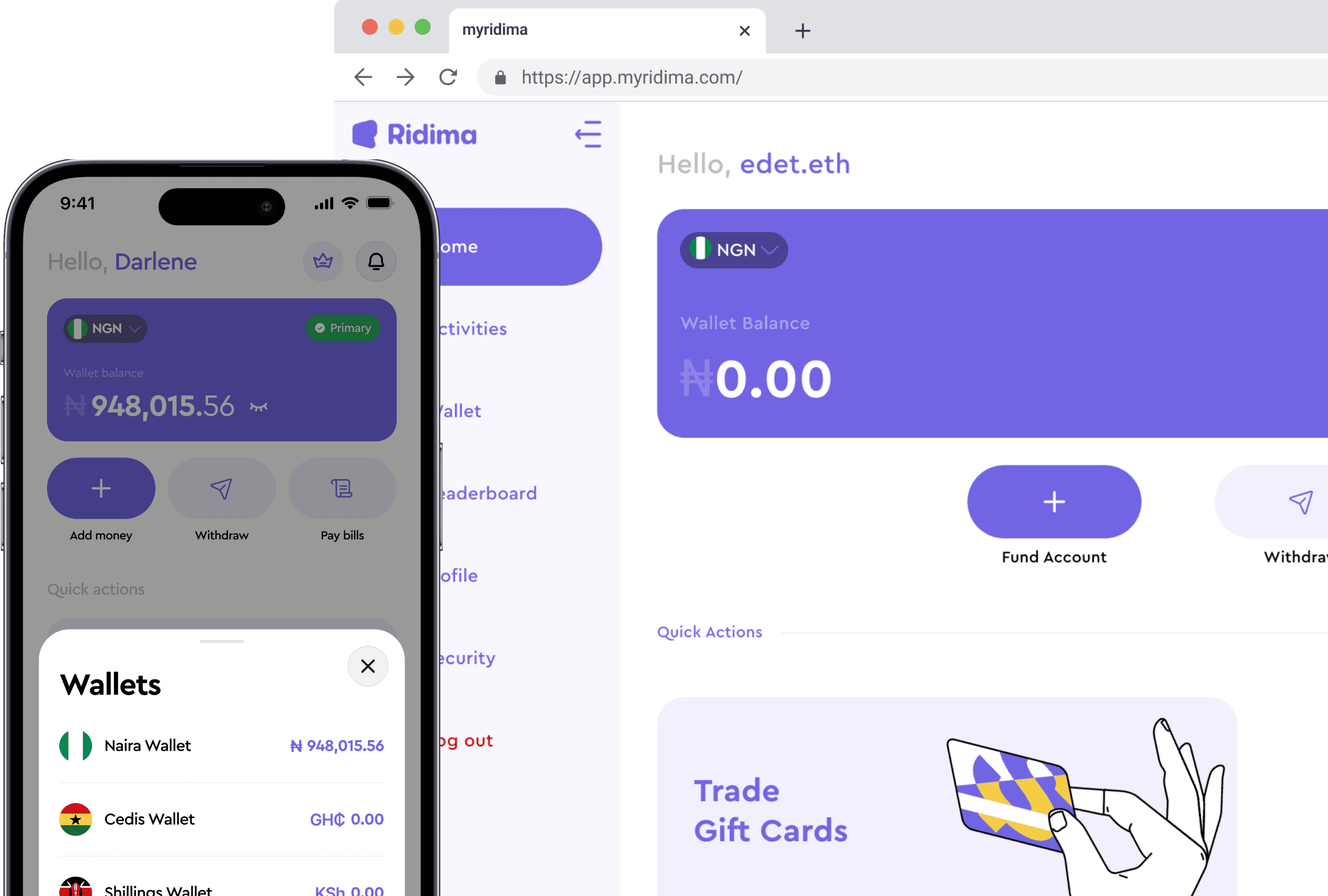 Ridima mobile and web dashboard for multi-currency wallets