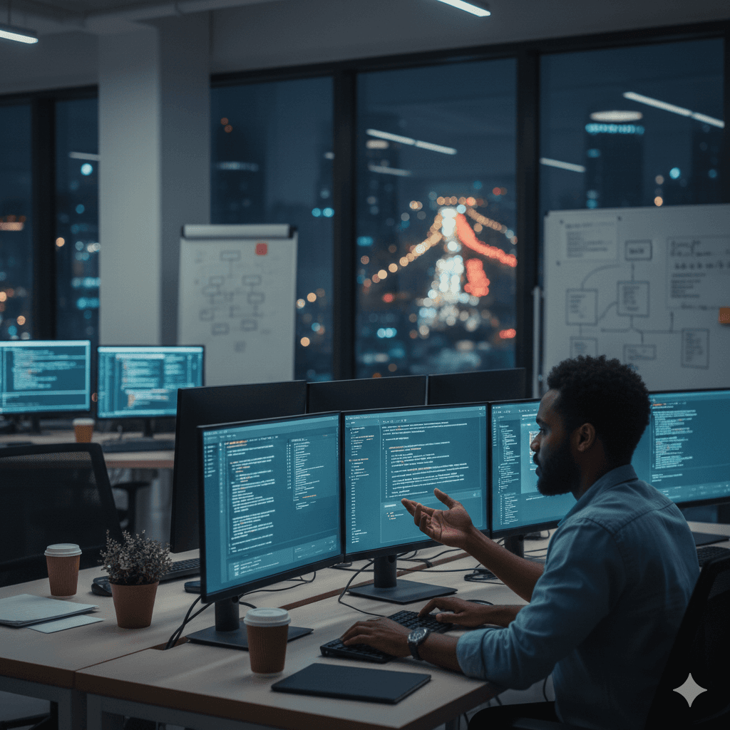 Software engineer working across multiple monitors with code