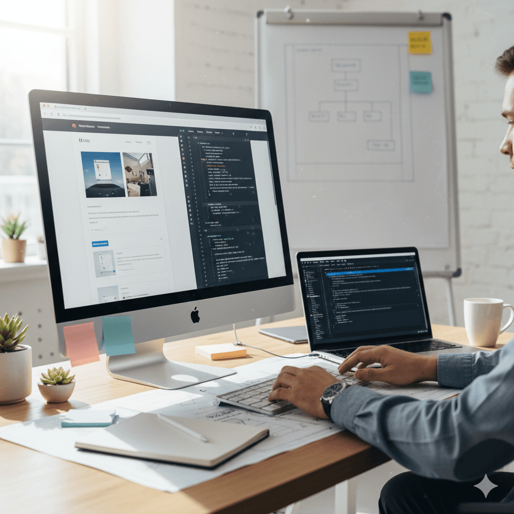 Website development workspace with design and code side by side