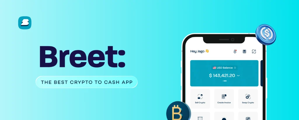 Breet crypto to cash app on a smartphone, showing wallet balance and sell, invoice, and swap actions